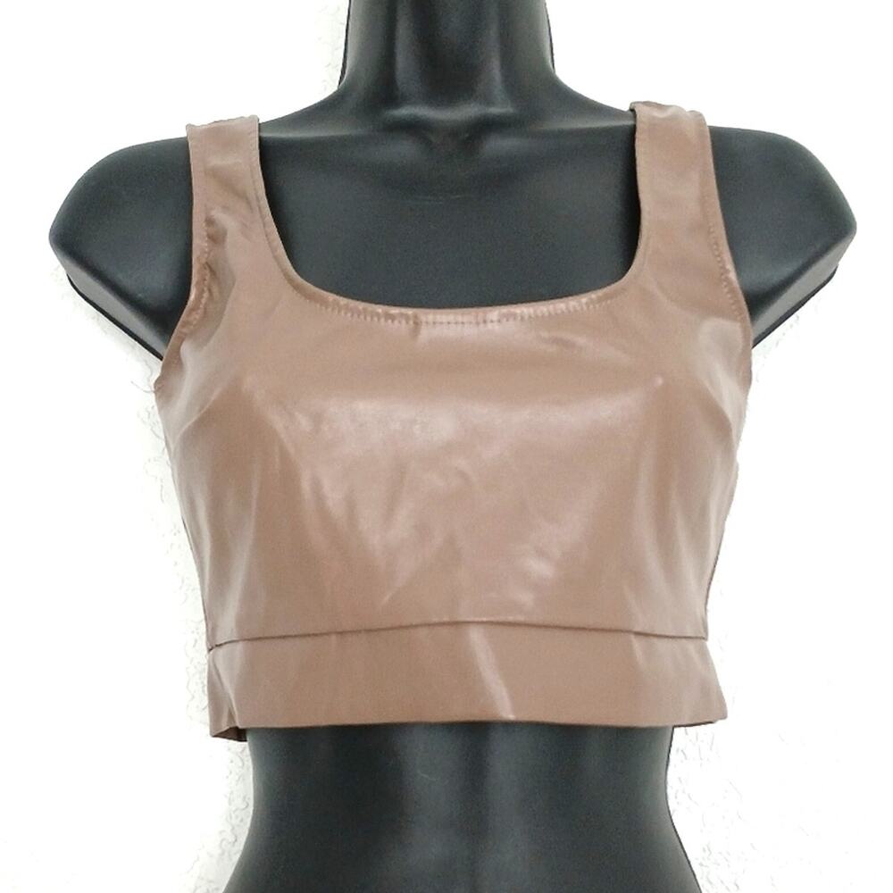 Lichi Faux Leather Square Neck Wide Shoulder Strap Crop Top Size S